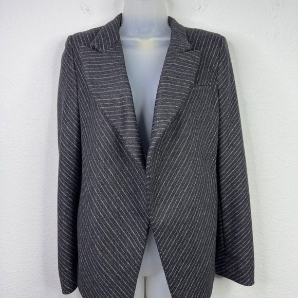 MM.LaFleur Blazer Women 0 Gray Wool Blend Pinstripe Open Front Career Minimalist - Picture 3 of 9